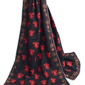 Sushila Vintage Black Dupatta 100% Pure Cotton Embroidered Floral Long Stole for Wearing or Crafting Purpose