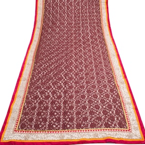 Sushila Vintage Brown Net Mesh Saree Patch Work Zari Beaded Velvet Border Floral Sari Craft Fabric
