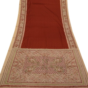 Sushila Vintage indio granate sari mezcla de seda impresa Sari & Aari trabajo artesanal tela de 5 yardas