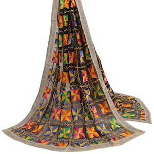 Sushila Vintage Black Dupatta Blend Chiffon Silk Phulkari Embroidered Long Stole for Wearing or Crafting Purpose