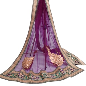 Sushila Vintage Purple Dupatta Net Mesh Applique Work Floral Long Stole Scarves For Wearing or Crafting Purpose