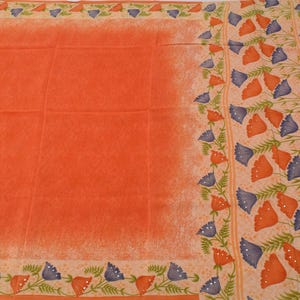 Sushila Vintage Indian Orange Saree Pure Crepe Silk Printed Sari Craft Fabric