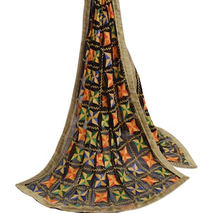 Sushila Vintage Black Dupatta Blend Chiffon Silk Phulkari Embroidered Long Stole for Wearing or Crafting Purpose