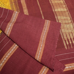 Sushila Vintage Yellow Ilkal Saree Maroon Border Pure Cotton Silk Checks Sari Craft Fabric