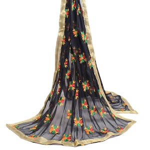 Sushila Vintage MultiColor Thread Work Dupatta Phulkari Black Chiffon Long Stole for Wearing or Crafting Purpose