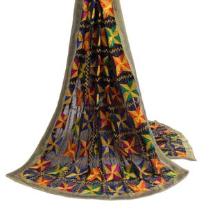 Sushila Vintage Black Dupatta Blend Chiffon Silk Phulkari Embroidered Long Stole for Wearing or Crafting Purpose