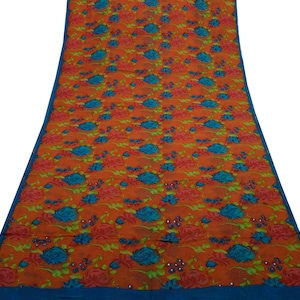 Sushila Vintage Orange Sari 100% Pure Georgette Silk Printed Floral Craft Fabric for Wearing or Crafting Purpose