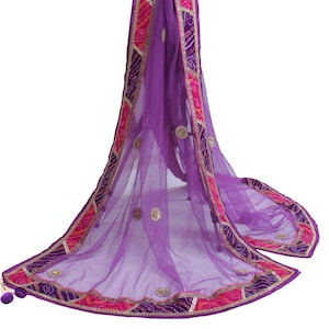 Sushila Vintage Purple Indian Dupatta Net Mesh Hand Beaded with Bandhani Patch Work Border Long Stole Scarves
