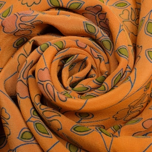 Sushila Vintage Orange Saree 100% Pure Crepe Silk Printed Floral Soft Fabric Sari for Wearing or Crafting Purpose