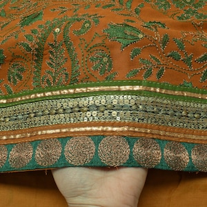 Sushila Vintage Mustard HEAVY Saree Pure Georgette Embroidered Paisley with Patch Work Border Fabric Sari for Wearing or Crafting Purpose