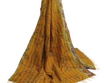 Sushila Vintage Indian Dupatta 100% Pure Silk Hand Embroidered Kantha Long Stole For Wearing or Crafting Purpose