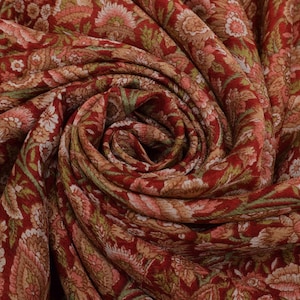 Saree rouge vintage Sushila 100 % pure soie georgette imprimée floral sari tissu à porter ou à fabriquer