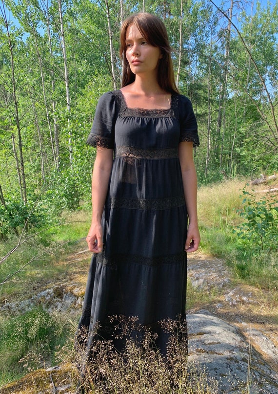 70’s boho lace maxi dress / black cotton