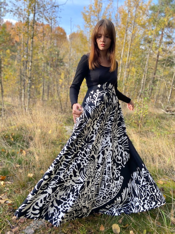 80s 90s evening dress / monochrome / maxi full dre