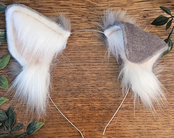Dog Ears : gray and white puppy ears/ Faux Fur dog Ears Headband/ Handmade  Ears / Faux Fur Ears/ dog Ears Headband/ Fluffy puppy Ears