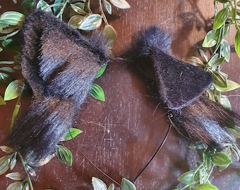 Dog Ears : black Faux Fur dog Ears Headband/ Handmade  Ears / Faux Fur Ears/ dog Ears Headband/ Fluffy beagle Ears
