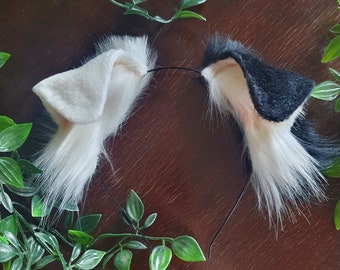 Dog Ears : black and white Faux Fur dog Ears Headband/ Handmade  Ears / half and half/ Faux Fur Ears/ dog Ears Headband/ Fluffy beagle Ears