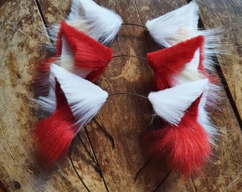 Cat Ears: Red and white Faux fur Cat Ears Headband/ Handmade Kitten Ears / Fluffy Cat Ears/ Faux Fur Ears/ Cat Ears Headband