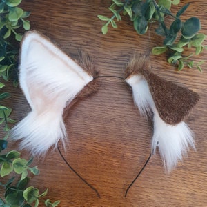 Dog Ears : brown and white Faux Fur dog Ears Headband/ Handmade  Ears / Faux Fur Ears/ dog Ears Headband/ Fluffy beagle Ears