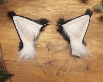 Cat Ears : black and white Faux Fur cat Ears Headband/ Handmade  Ears / Faux Fur Ears/ cat Ears Headband/ Fluffy kitten Ears