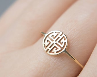 Solid Gold Chinese Lu Symbol Ring: Lunar New Year Gift