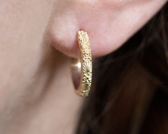 Victorian Floral Gold Hoop Earrings: Solid Gold Vintage Hoops