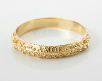 Antique &#39;Love Conquers All&#39; Wedding Ring | Amor Latin Letters | Victorian Vintage Style Wedding Band | Antique Inscription Solid Gold Ring