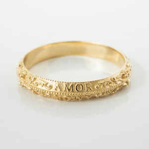 Antique 'Love Conquers All' Wedding Ring | Amor Latin Letters | Victorian Vintage Style Wedding Band | Antique Inscription Solid Gold Ring