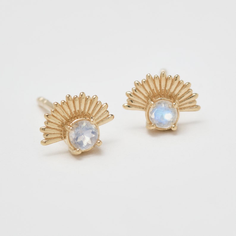 Rainbow Moonstone Sun Ray Good Luck & Light Stud Earrings in 14K solid gold image 3