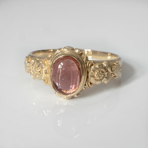 Peony Signet Ring: Vintage Floral Pink Tourmaline, Solid Gold