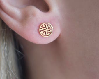 Wealth Chinese Symbol Talisman Earrings in 14 Karat Gold