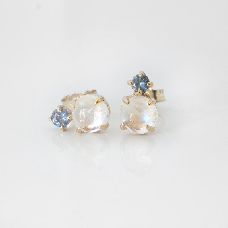 Moonstone & Sapphire Minimal Earrings in 14K solid gold image 2