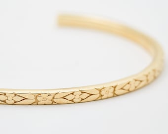 Antique Vintage Floral Botanical Engraved Bangle Bracelet, 14 Karat Micron gold plated