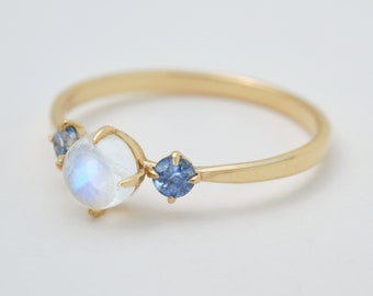 Moonstone & Sapphire Gemstone Ring in 14 karat solid gold