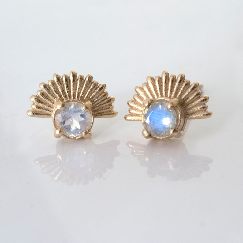 Rainbow Moonstone Sun Ray Good Luck & Light Stud Earrings in 14K solid gold image 1