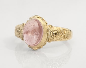 Peony Signet Ring with Tourmaline Cabochon - Vintage Floral signet