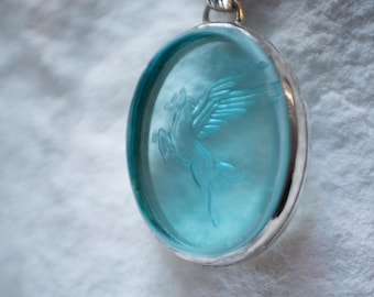 Blue Quartz Pegasus Intaglio Pendant  |  One-of-a-kind Oval Reverse Intaglio | Sterling Silver Seashell Necklace | Mediterranean Necklace