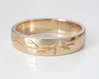 Lovebirds ring - Sparrow engagement wedding bands for men and women in 14K solid gold