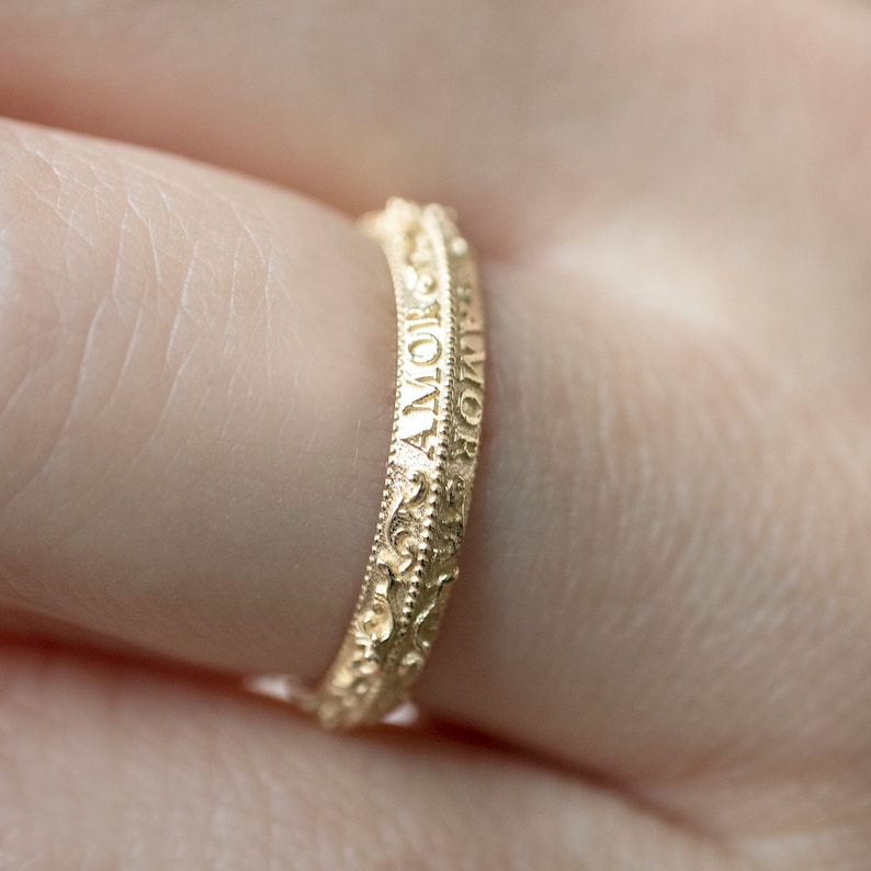 Antique 'Love Conquers All' Wedding Ring Latin Letters Victorian Vintage Wedding Band in 14 karat Solid Gold image 2