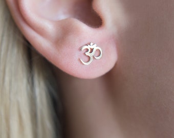 14k Gold OM Stud Earrings: Yoga Meditation Jewelry