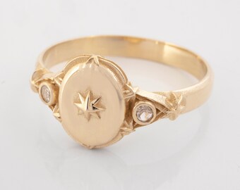 North Star Signet Ring - Vintage Celestial Personalized monogram ring for women in 14K solid gold