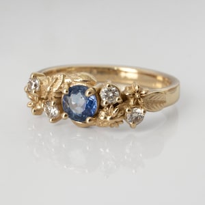 Blue Sapphire Diamond Engagement Ring: 14K Yellow Gold Butterfly Flower Band