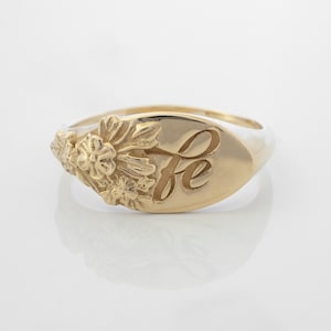 Floral Gold Signet Ring: Personalized Birth Flower Monogram