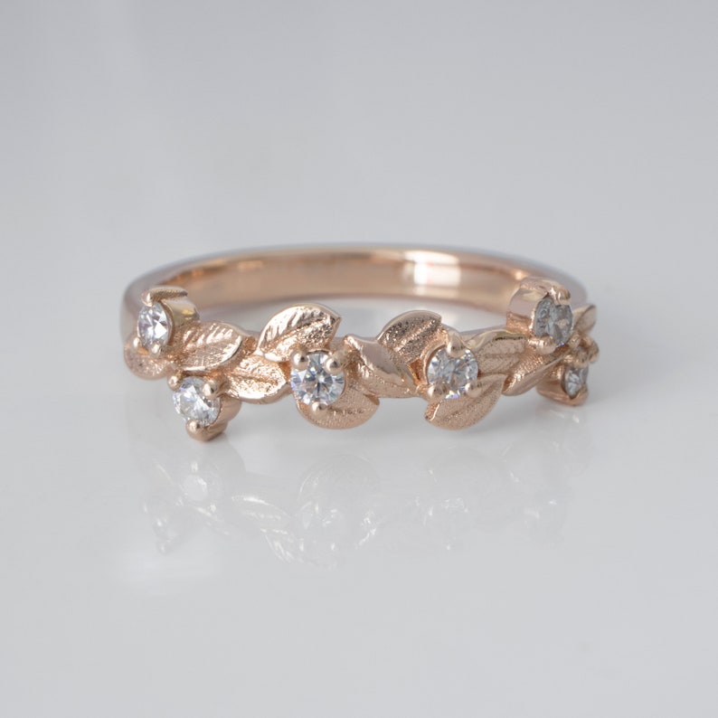 Leaf ring simple floral engagement diamond fairytale wedding band for women 14K solid gold image 5