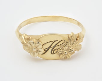 Floral Oval Mini Signet Engraved Vintage Ring, 14K Solid Gold, personalized with initials