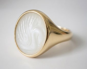 Swan Moonstone Cameo Ring | One of a kind hand-carved signet ring | Grace Ring