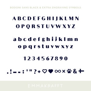 May include: Bodoni Sans Black font alphabet with uppercase and lowercase letters, numbers 0-9, and symbols including exclamation point, hyphen, colon, quotation marks, question mark, plus sign, heart, infinity symbol, multiplication sign, paw print, ampersand, and plus sign.