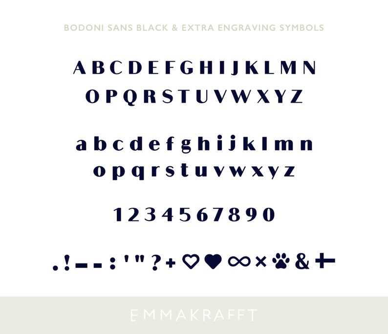 May include: Bodoni Sans Black font alphabet with uppercase and lowercase letters, numbers 0-9, and symbols including exclamation point, hyphen, colon, quotation marks, question mark, plus sign, heart, infinity symbol, multiplication sign, paw print, ampersand, and plus sign.