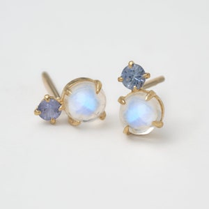 Moonstone & Sapphire Minimal Earrings in 14K solid gold image 1