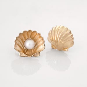 14K Solid Gold Seashell Pearl Stud Earrings: Asymmetric Ocean Jewelry